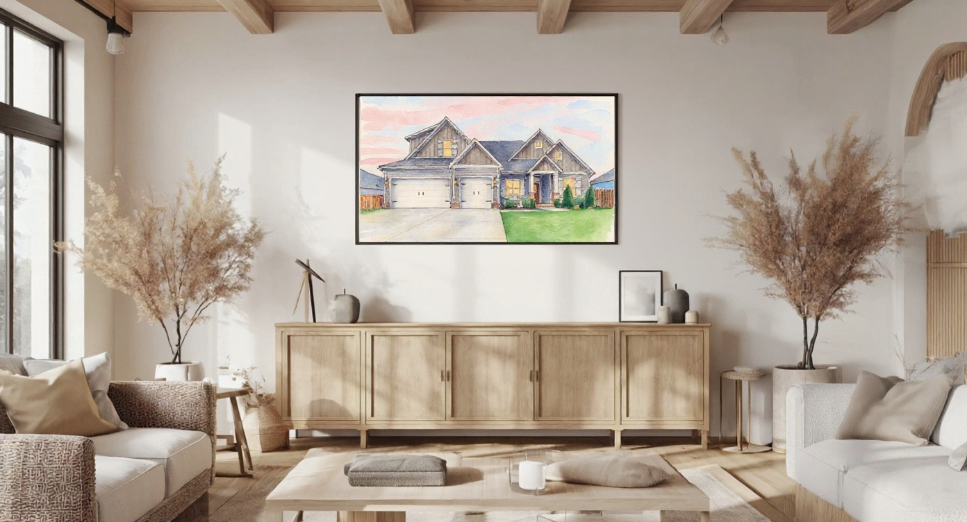 Watercolor house portrait mockup, framed and hung in a living room