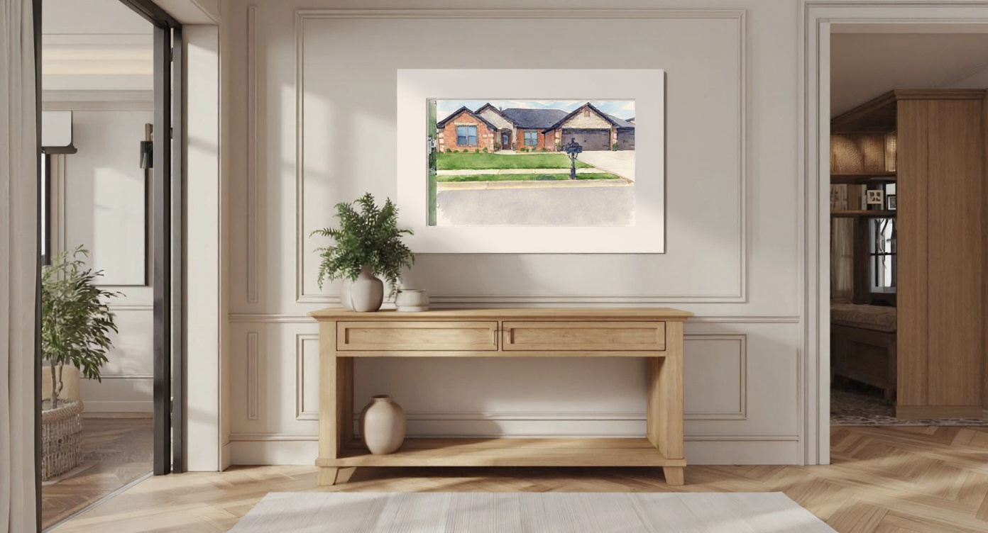 Watercolor house portrait mockup, framed and hung in an entryway