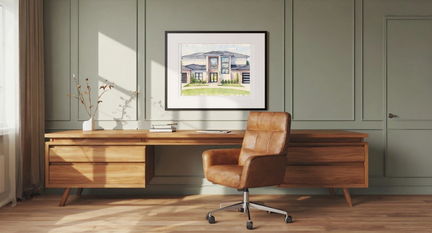 Watercolor house portrait mockup, framed and hung in a home office